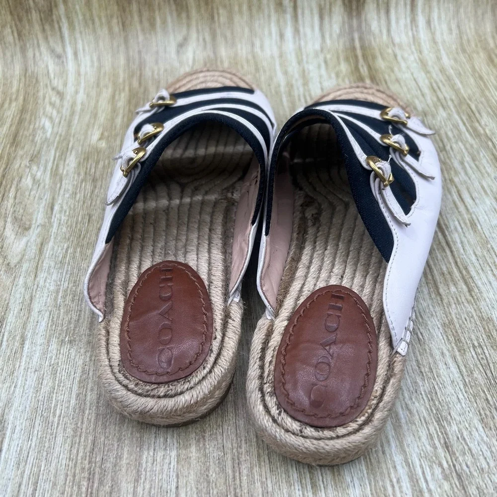 Coach Devon Espadrille Sandals Women's Size 6 White Leather Buckle Striped